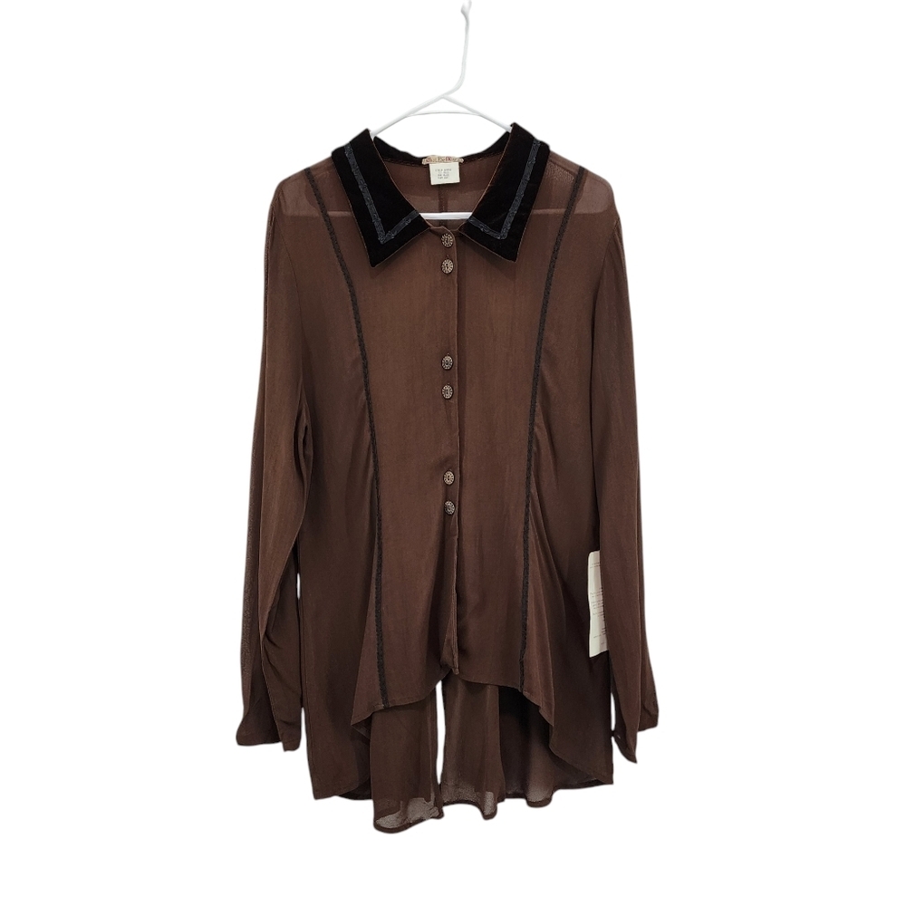 Neil & David Women's Vintage Velvet Collar Asymmetrical Button Front Mesh Top